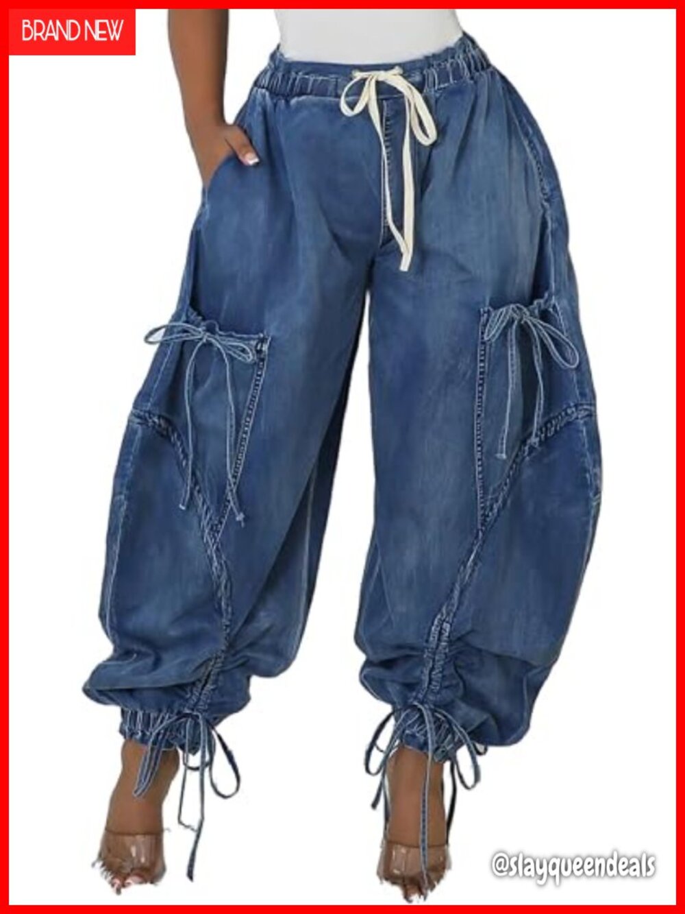 High Waist Baggy Cargo Jeans Wide Leg Denim Pants Drawstring Jogger Trousers